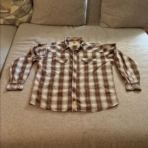 Larry Mahan Tan and White Plaid Button Down Shirt